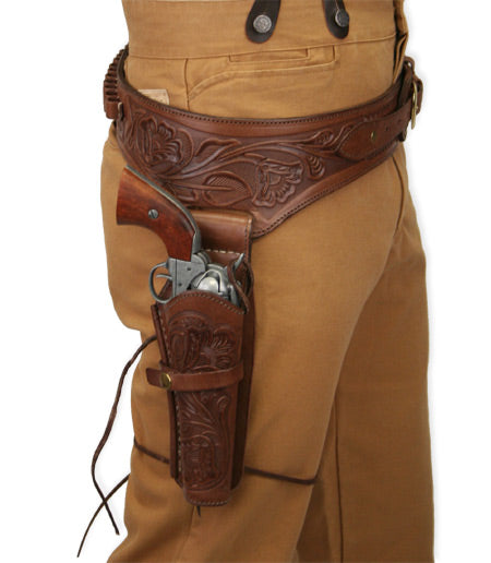 (.22 cal) Western Gun Belt and Holster - RH Draw - Chocolate Brown Tooled Leather