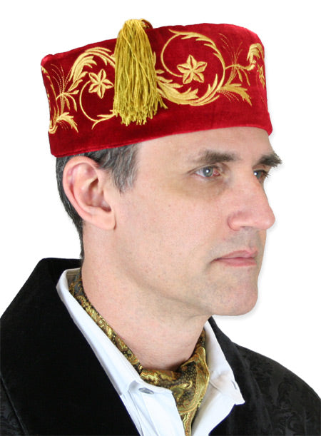 Vintage Velvet Embroidered Smoking Cap - Red/Gold