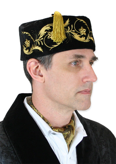 Vintage Velvet Embroidered Smoking Cap - Black/Gold