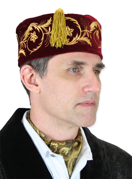 Embroidered Vintage Velvet Smoking Cap - Burgundy
