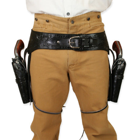(.22 cal) Western Gun Belt and Holster - Double - Black Tooled Leather