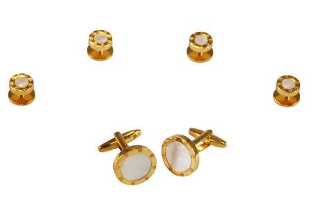 Ringed Mother of Pearl Cufflink and Stud Set - Gold