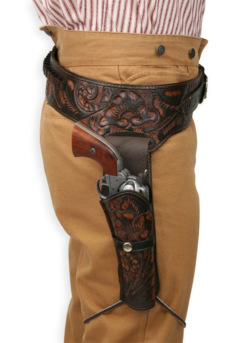 (.38/.357 cal) Western Gun Belt and Holster - RH Draw - Two-Tone Brown Tooled Leather