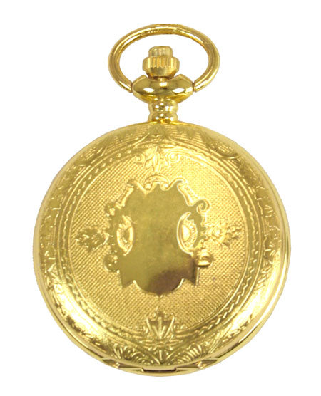 Gold Plated Shield Quartz Pocket Watch with Chain