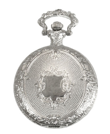 Silver Plated Shield Quartz Pocket Watch with Chain