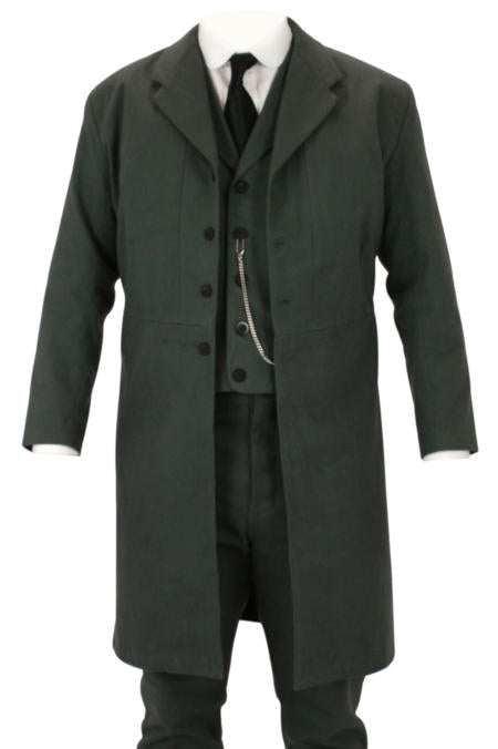 A dark olive green three-piece suit with a matching long overcoat, displayed on a white mannequin torso with a white shirt and black tie.