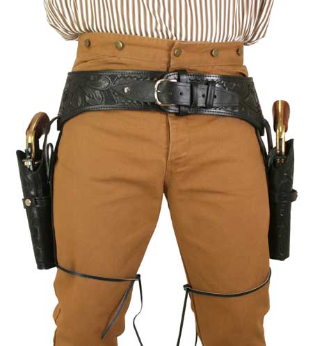 Western Gun Belt & Double Holster (.44/.45 cal) - Long Barrel - Black Tooled