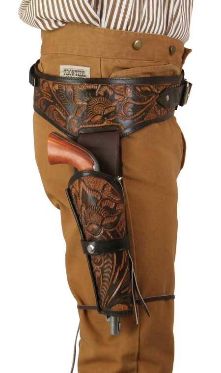 (.38/.357 cal) Western Gun Belt and Holster - RH Draw (Long Barrel) - Two-Tone Brown Tooled Leather