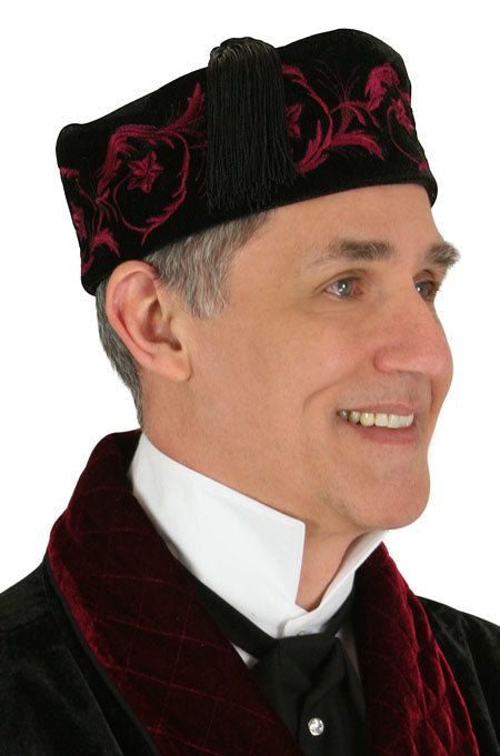 Vintage Velvet Embroidered Smoking Cap - Black/Burgundy