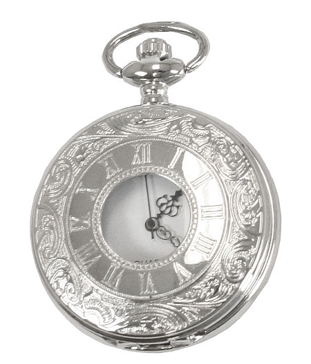 Silver Plated Inscribed Window Quartz Pocket Watch with Chain