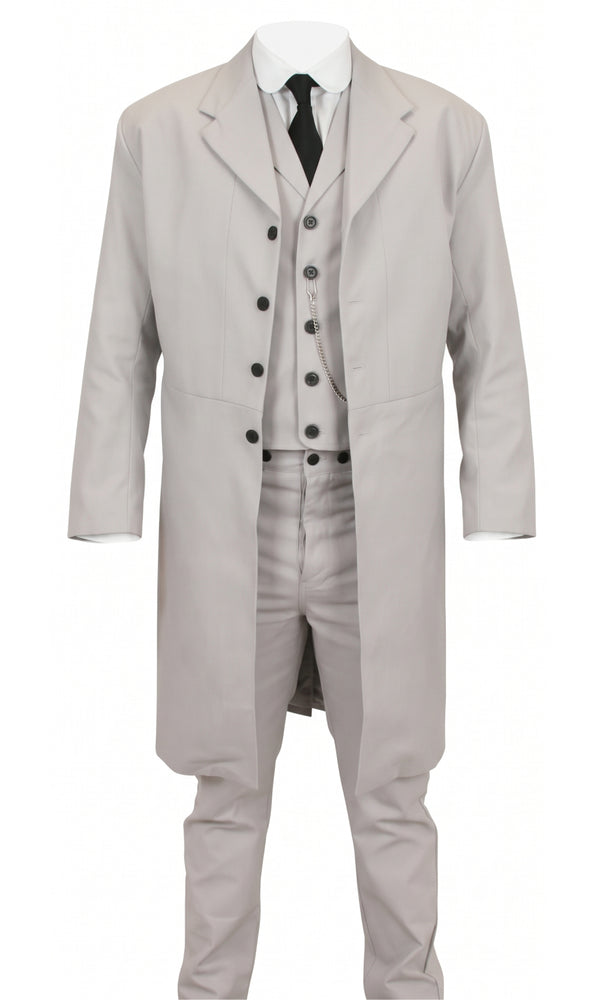 A light gray three-piece formal suit with a long double-breasted coat, matching vest and trousers, styled with a white shirt and black tie on a white background.