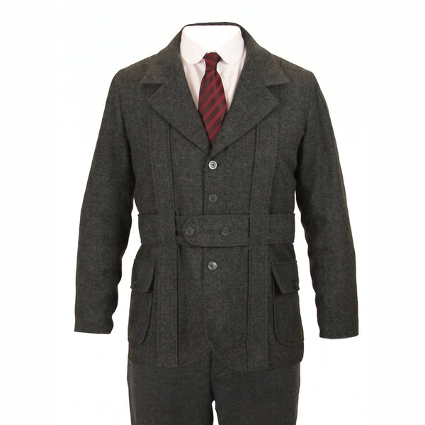 A dark gray textured wool suit jacket with a matching waist belt and trousers, styled with a white dress shirt and a red striped tie on a white background.