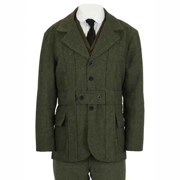 An olive green tweed suit jacket displayed on a mannequin torso with a white shirt and black tie, shown against a plain white background.