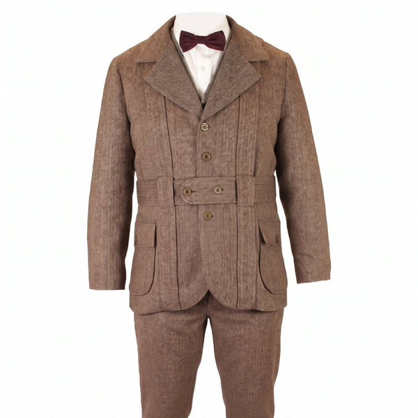 A men's brown tweed three-piece suit with a matching vest, trousers, and a white dress shirt, styled with a dark burgundy bow tie and black dress shoes against a plain white background.