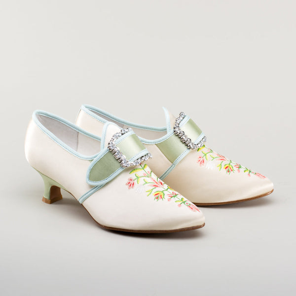 Primrose 18th Century Shoes - Ivory/Celadon Green