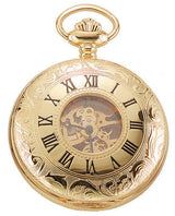 Premium Gold Window Quartz Pocket Watch with Chain - Inscribed Numerals