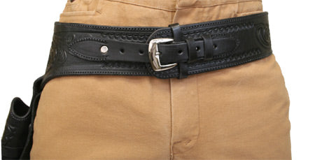 (.44/.45 cal) Western Gun Belt and Holster - RH Draw - Black Tooled Leather