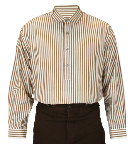 pullover dress shirt Victorian Mens Brown/Ivory/Tan Cotton Stripe Banker/Club Collar Work Shirt (Size XL) | Dickens | Downton Abbey
