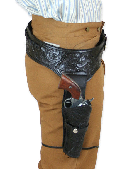 (.22 cal) Western Gun Belt and Holster - RH Draw - Black Tooled Leather
