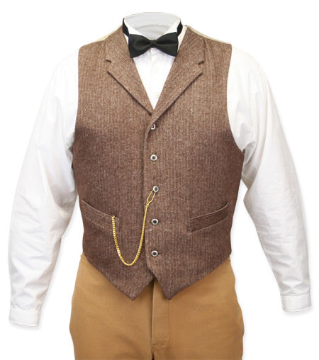 Classic Mens Brown Tweed/Wool Blend Herringbone Notch Collar Dress Vest (Big & Tall Size 2XT) | 19th Century | Historical | Vintage