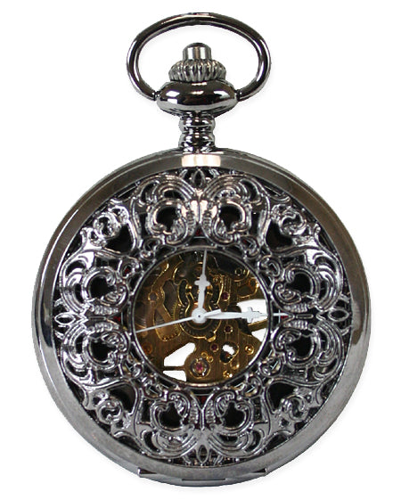 Ornate Window Mechanical Pocket Watch - Black Pearl