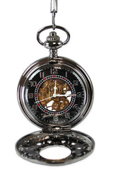 Ornate Window Mechanical Pocket Watch - Black Pearl
