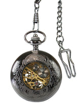 Ornate Window Mechanical Pocket Watch - Black Pearl
