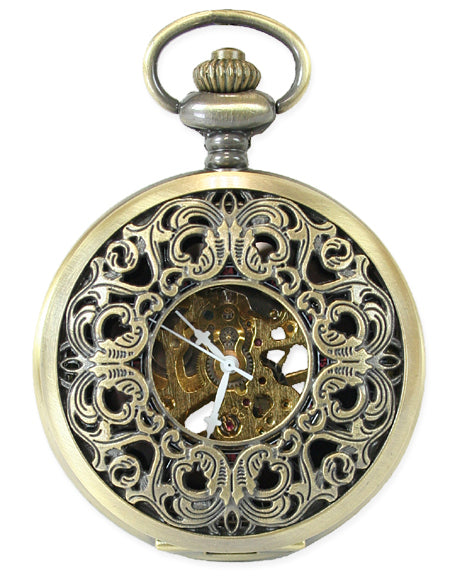 Ornate Window Mechanical Pocket Watch - Antique Gold
