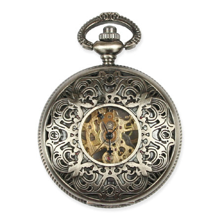 Ornate Window Mechanical Pocket Watch - Pewter
