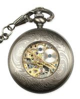 Ornate Window Mechanical Pocket Watch - Pewter