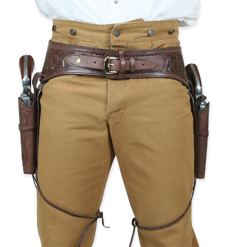 (.44/.45 cal) Western Gun Belt and Holster - Double - Chocolate Brown Tooled Leather