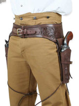 (.44/.45 cal) Western Gun Belt and Holster - Double - Chocolate Brown Tooled Leather