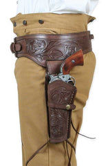 (.44/.45 cal) Western Gun Belt and Holster - Double - Chocolate Brown Tooled Leather
