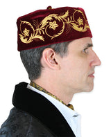 Embroidered Vintage Velvet Smoking Cap - Burgundy