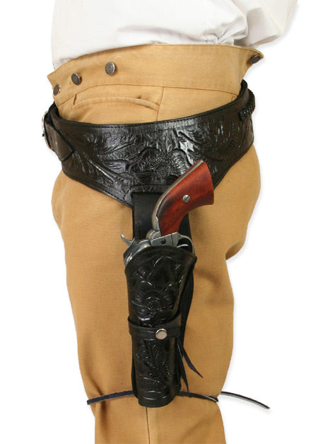 (.22 cal) Western Gun Belt and Holster - LH Draw - Black Tooled Leather