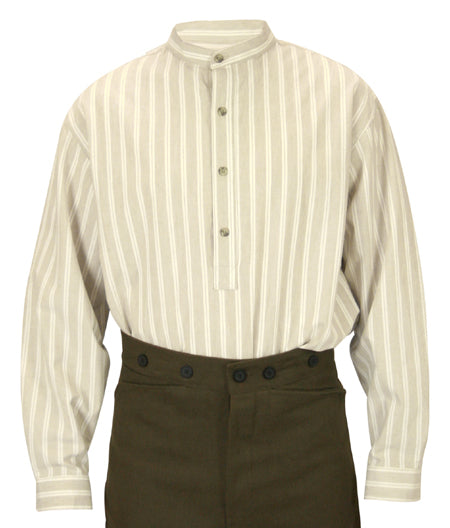 1800s Mens Tan/Brown Cotton Stripe Band Collar Work Shirt (Size M) | 19th Century | Historical | Vintage