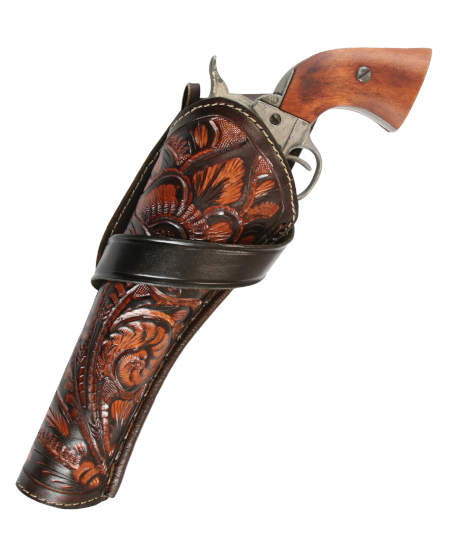 Western Holster - LH Cross-Draw (Long Barrel) - Two-Tone Brown Tooled Leather