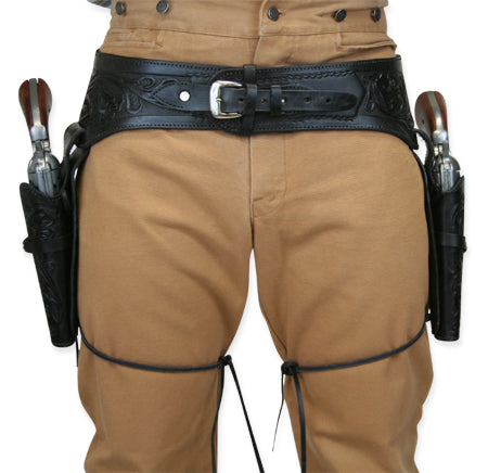 (.38/.357 cal) Western Gun Belt and Holster - Double - Black Tooled Leather