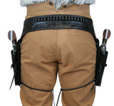 (.38/.357 cal) Western Gun Belt and Holster - Double - Black Tooled Leather