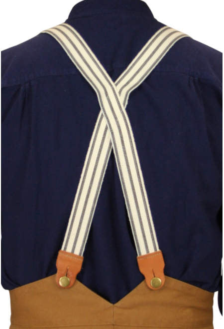 1860s Cotton X-Back Suspenders - Brown and Blue Stripe (Long)