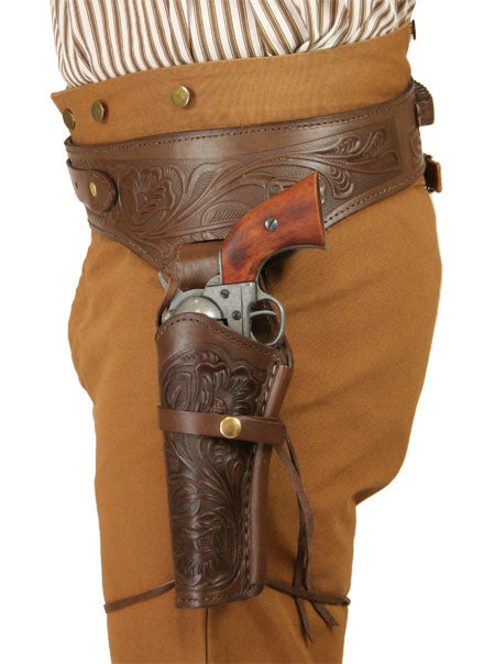 (.44/.45 cal) Western Gun Belt and Holster - LH Draw - Chocolate Brown Tooled Leather
