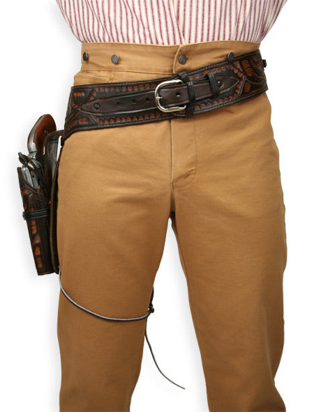 (.38/.357 cal) Western Gun Belt and Holster - RH Draw - Two-Tone Brown Tooled Leather