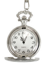Silver Plated Shield Quartz Pocket Watch with Chain