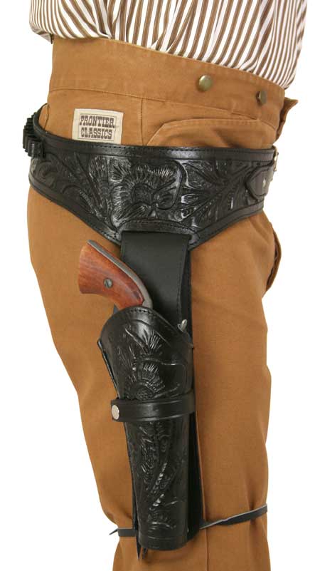 (.38/.357 cal) Western Gun Belt and Holster - RH Draw (Long Barrel) - Black Tooled Leather