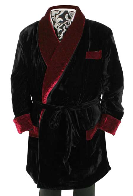 Vintage Smoking Robe - Black with Burgundy Velvet