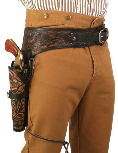 (.44/.45 cal) Western Gun Belt and Holster - RH Draw (Long Barrel) - Two-Tone Brown Tooled Leather