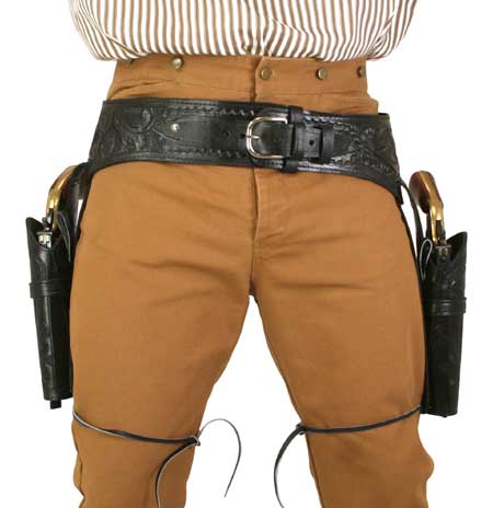 Western Gun Belt & Double Holster (.38/.357 cal) - Long Barrel - Black Tooled