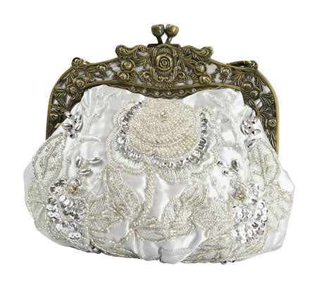 Beaded Rose Design Purse - Silver