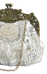 Beaded Rose Design Purse - Silver