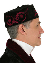 Vintage Velvet Embroidered Smoking Cap - Black/Burgundy